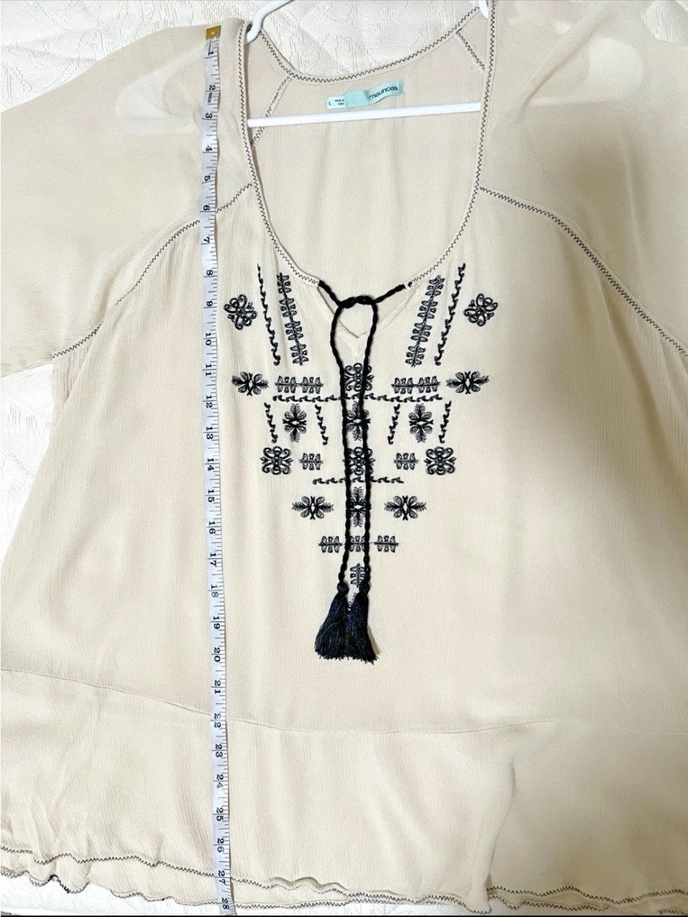 Boho Embroidered Peasant Top in Cream with Black Accents - Picture 6 of 8